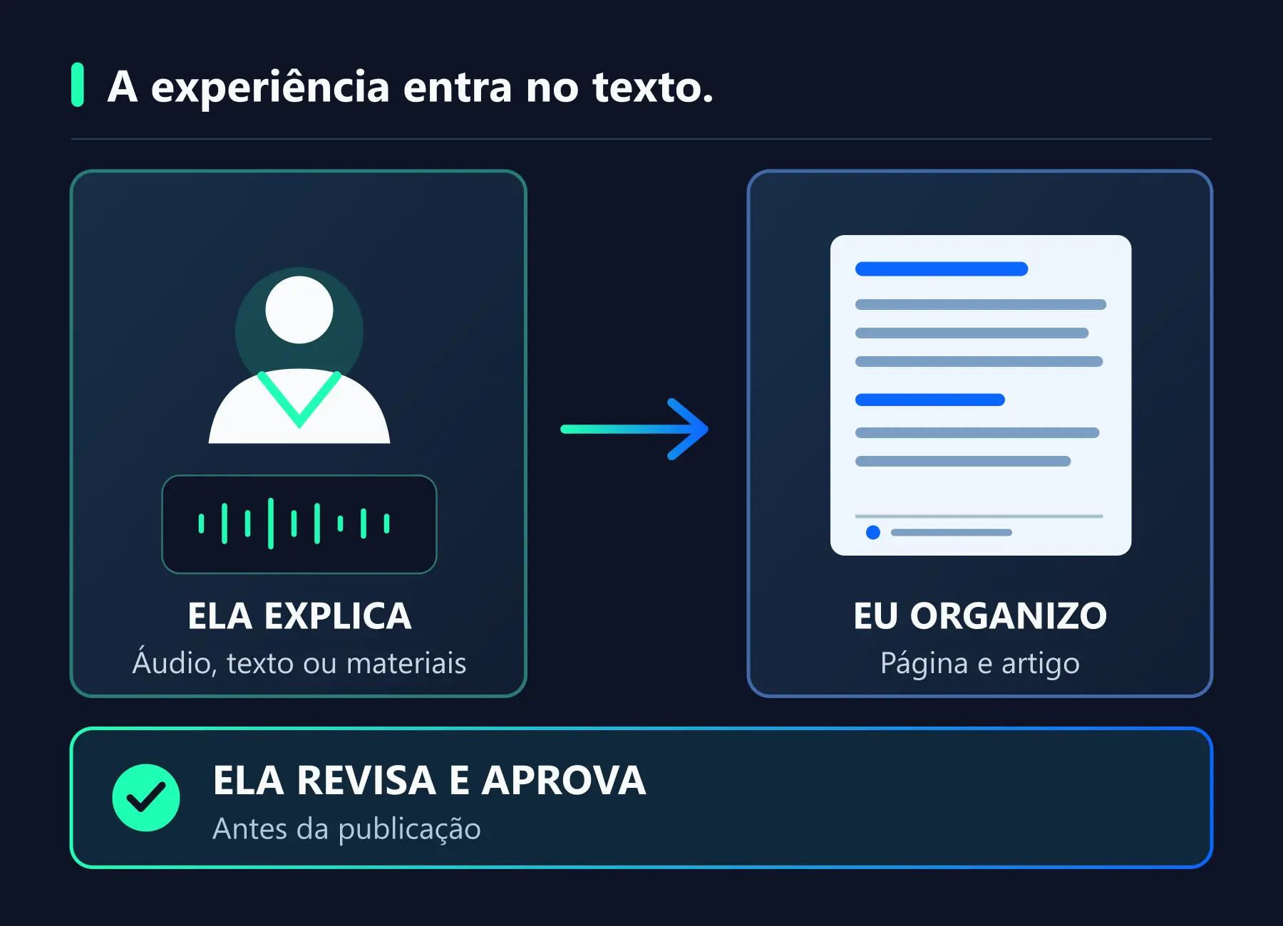 Processo de conteúdo: contribuição da especialista por áudio ou texto, organização em página e revisão antes de publicar.