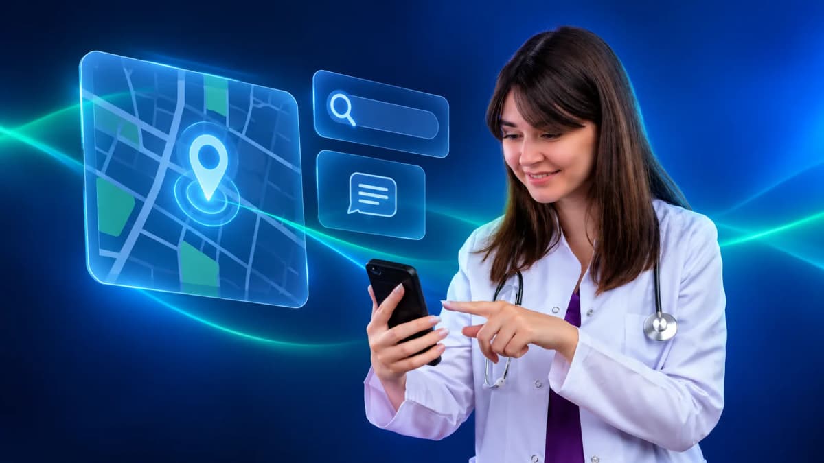 Modelo em traje médico apontando para o celular, ao lado de ilustrações de busca, mapa e contato.